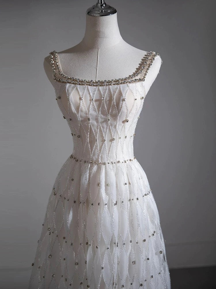 Pretty A-line Square Neckline White Long Prom Dress Evening Dress Formal Dress