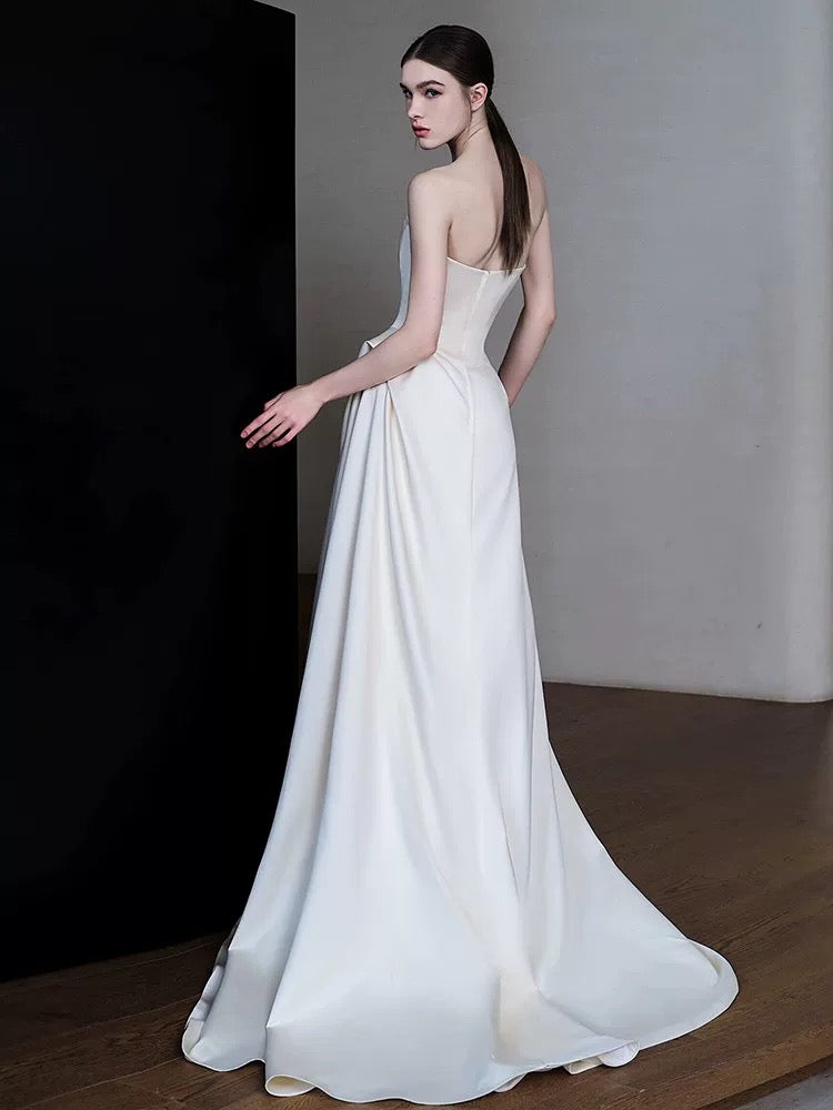 Unique Sheath Strapless Neckline Long White Satin Floral Wedding Dresses