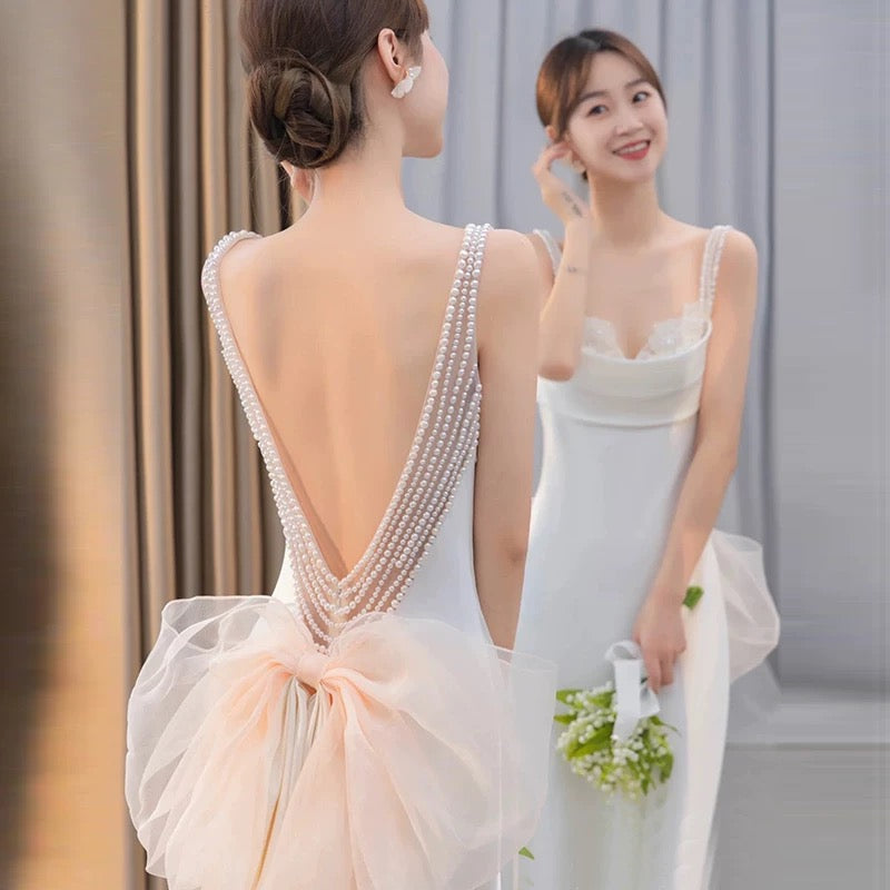 Unique Mermaid Straps Backless Pearls Pleats White Satin Wedding Dresses