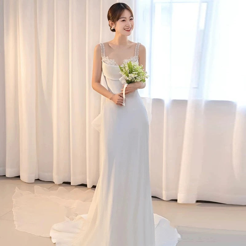 Unique Mermaid Straps Backless Pearls Pleats White Satin Wedding Dresses