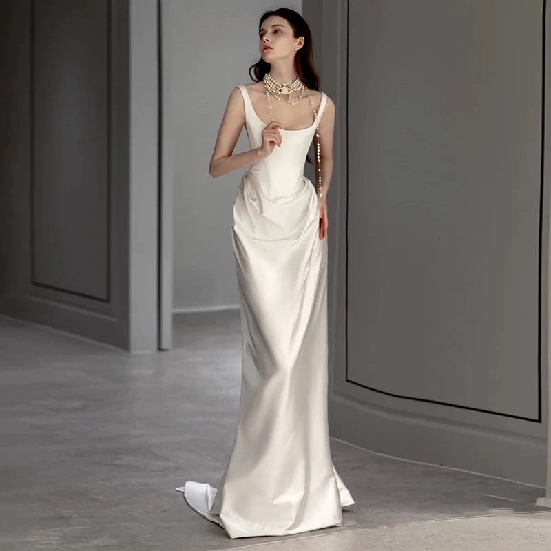Unique Mermaid Square Neckline Satin Pleats White Wedding Dresses