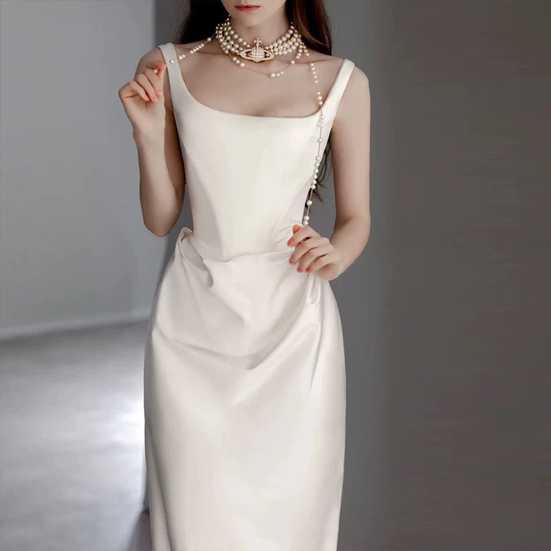 Unique Mermaid Square Neckline Satin Pleats White Wedding Dresses