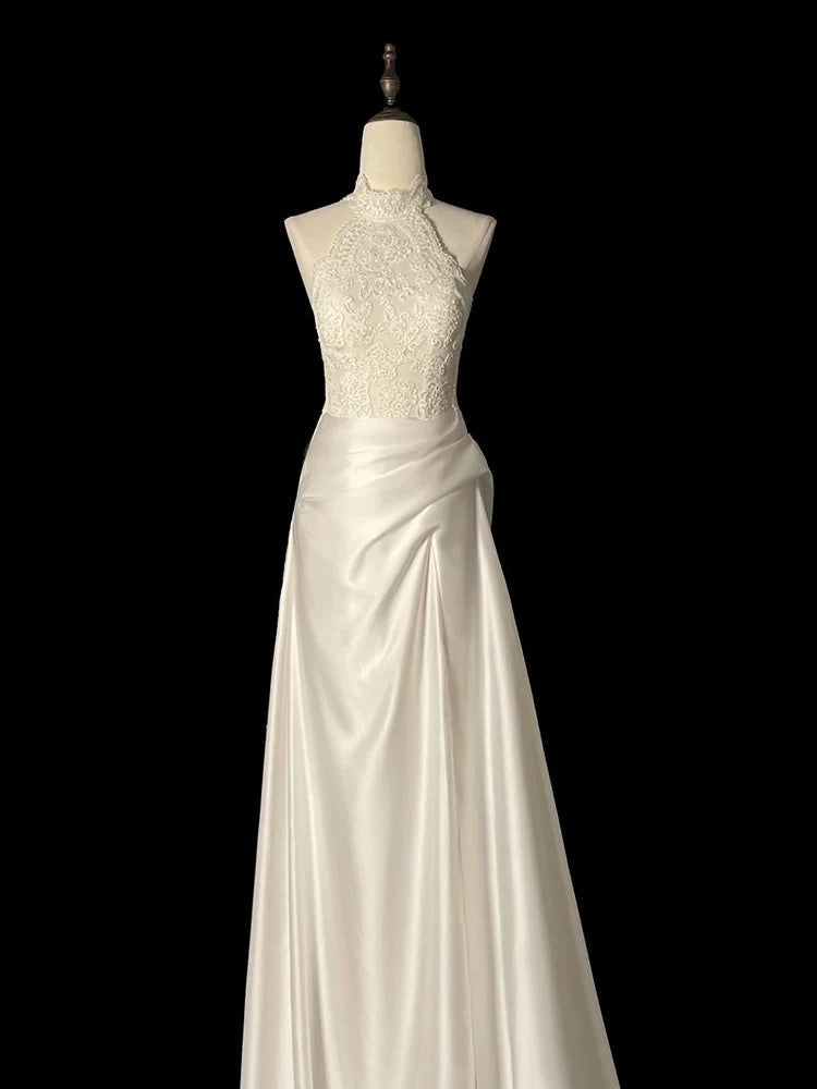 Unique Sheath High Neckline Satin Lace Ivory Wedding Dresses
