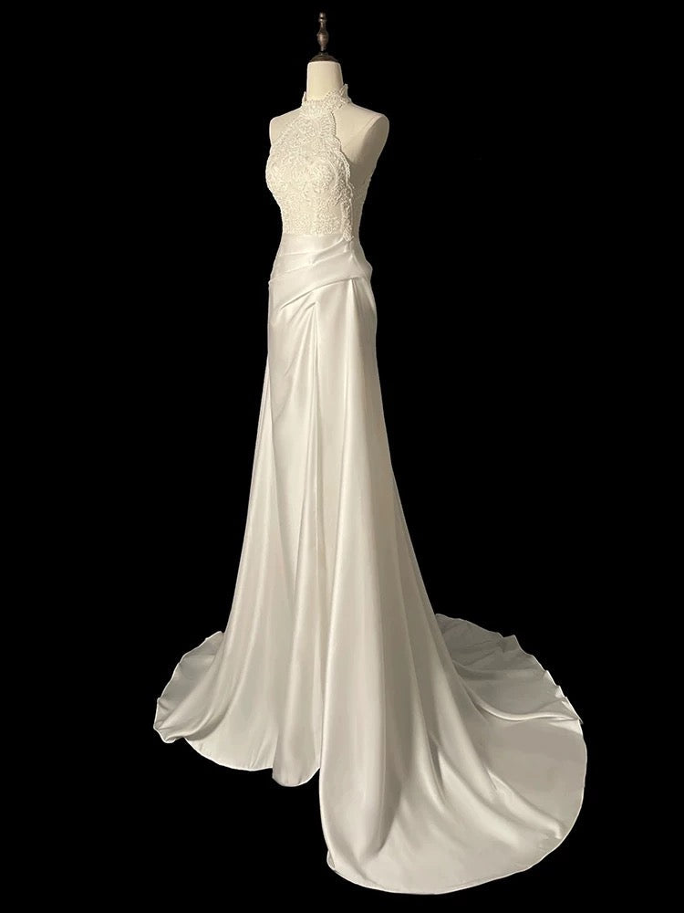 Unique Sheath High Neckline Satin Lace Ivory Wedding Dresses