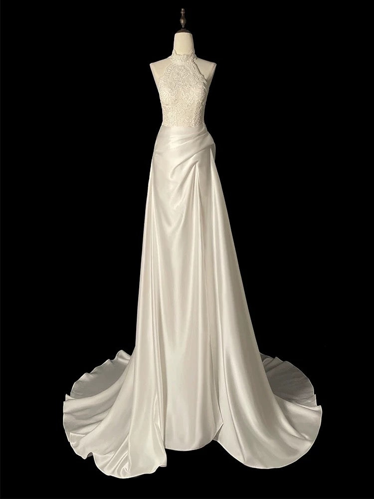 Unique Sheath High Neckline Satin Lace Ivory Wedding Dresses