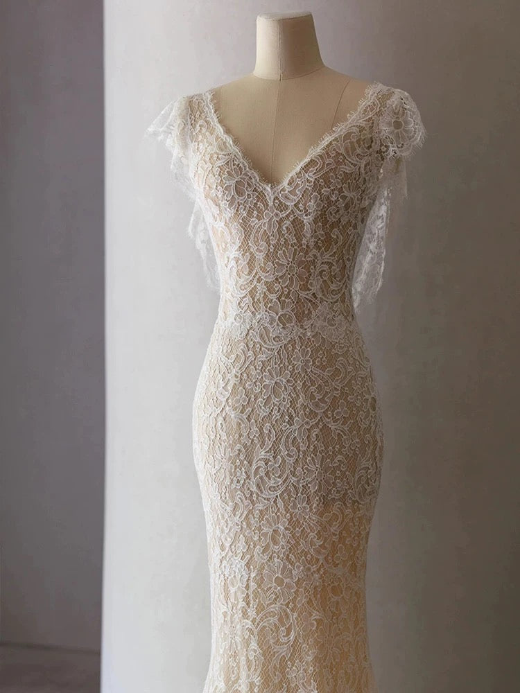 Unique Sheath V Neckline Cap Sleeves Lace Ivory Wedding Dresses