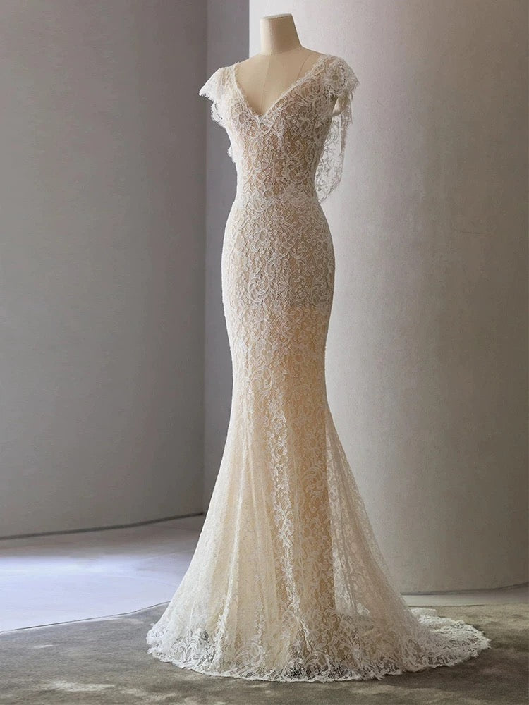 Unique Sheath V Neckline Cap Sleeves Lace Ivory Wedding Dresses