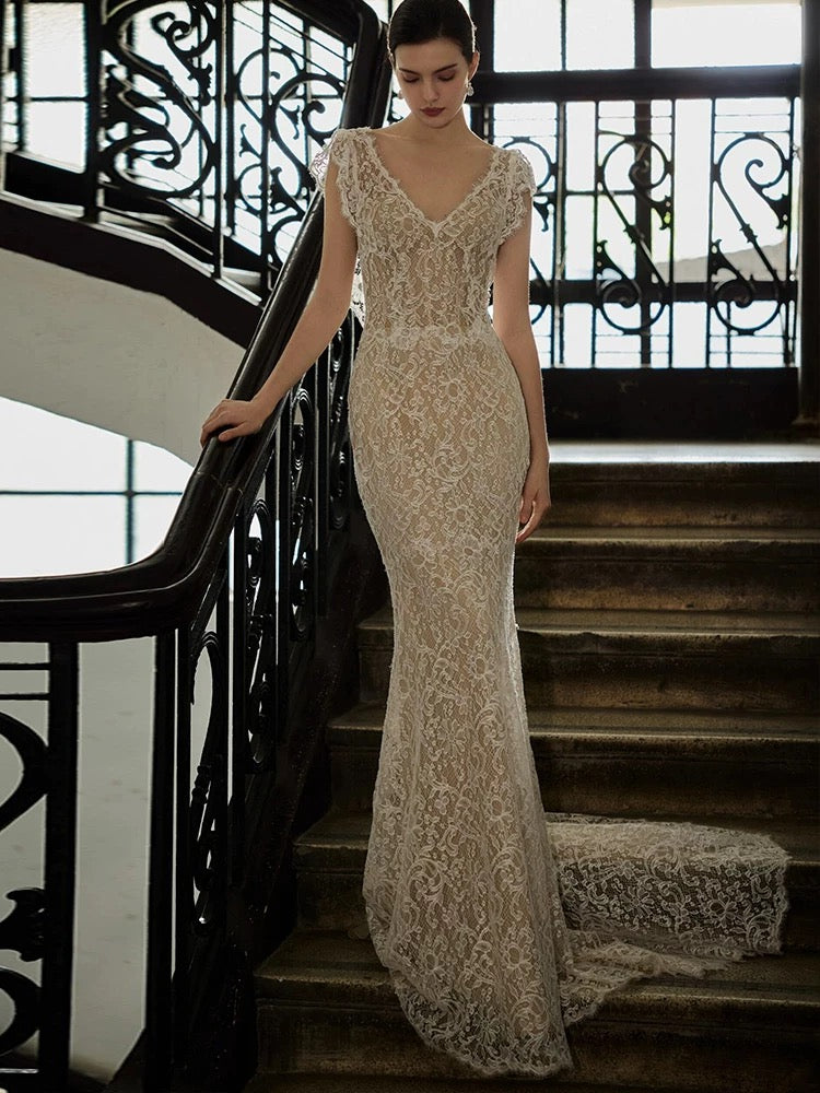 Unique Sheath V Neckline Cap Sleeves Lace Ivory Wedding Dresses