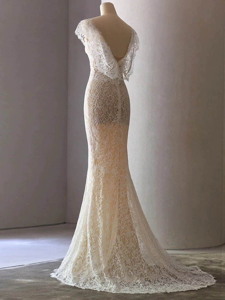 Unique Sheath V Neckline Cap Sleeves Lace Ivory Wedding Dresses