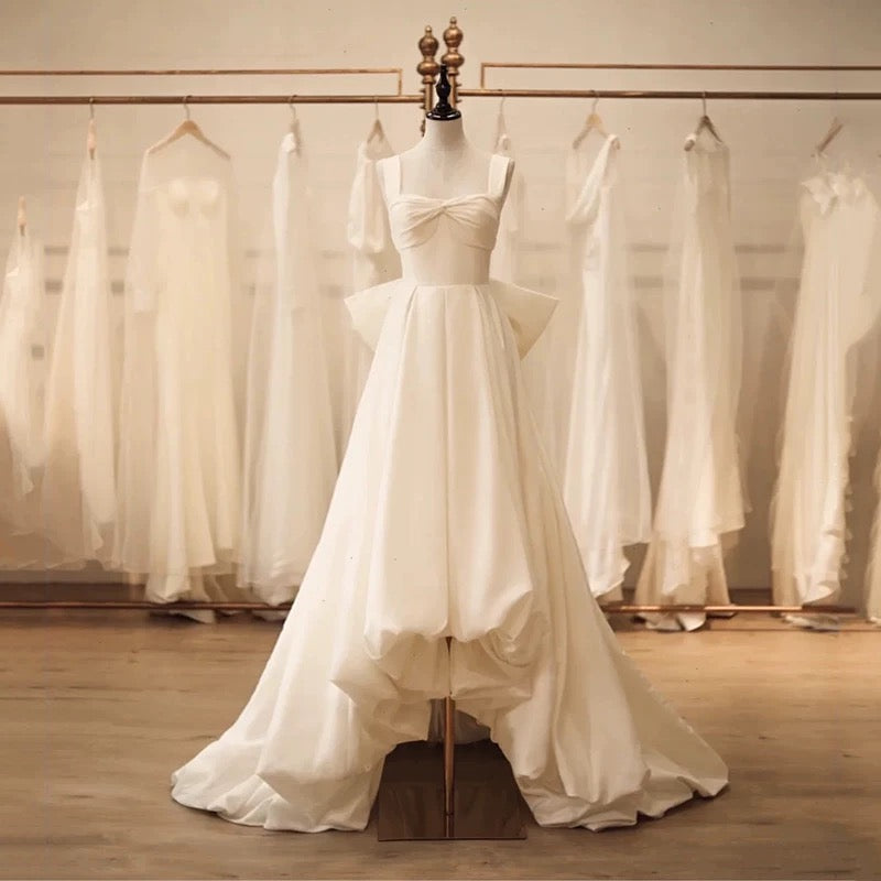 Timeless High Low Square Neckline Long White Satin Wedding Dresses