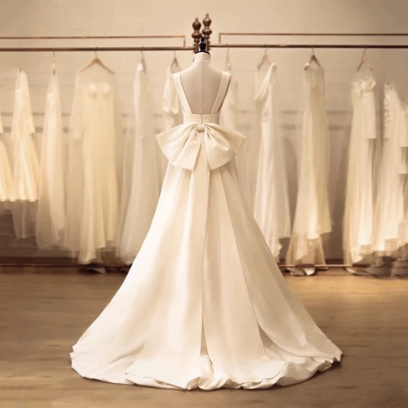 Timeless High Low Square Neckline Long White Satin Wedding Dresses