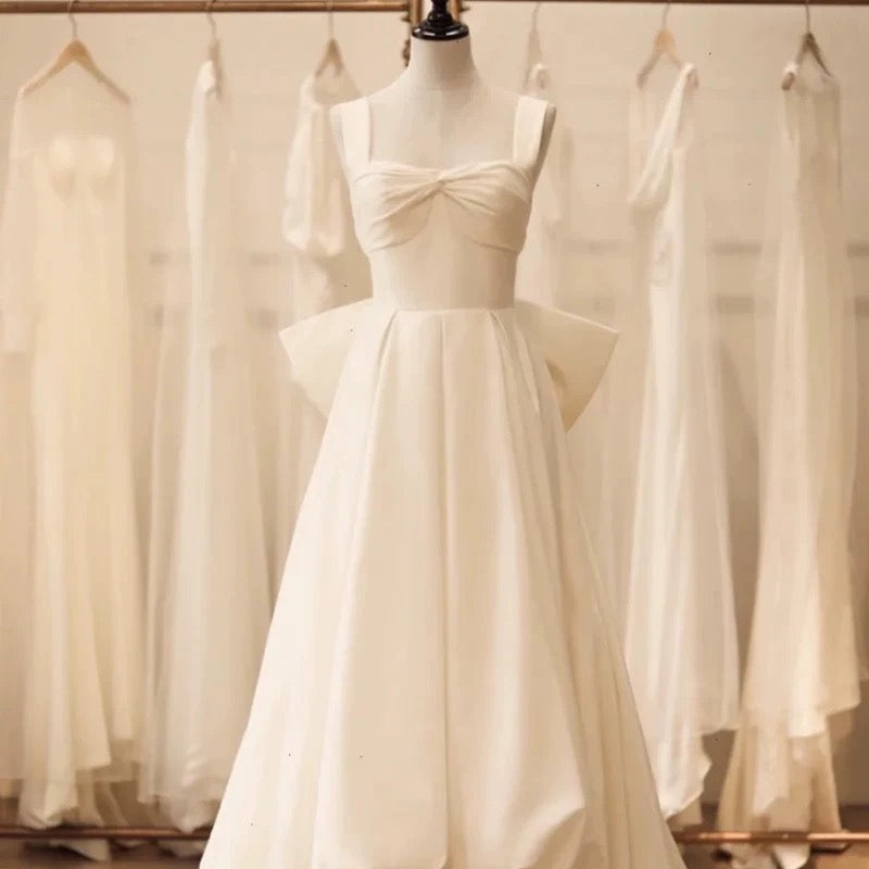 Timeless High Low Square Neckline Long White Satin Wedding Dresses