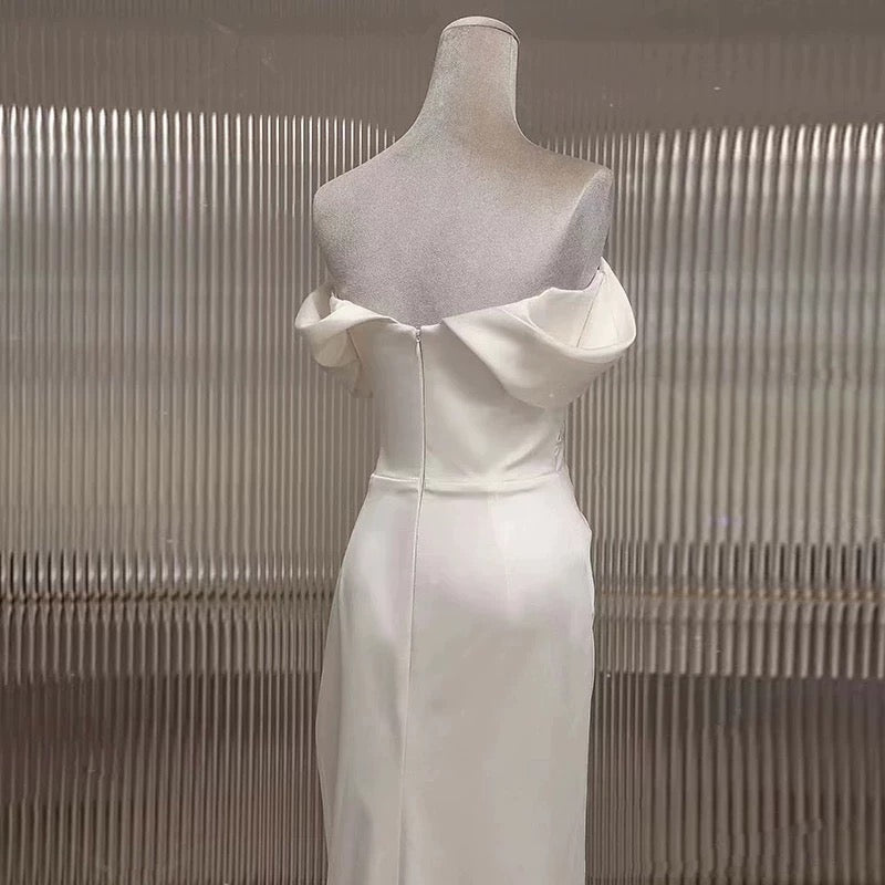 Timeless Mermaid Off The Shoulder Short Sleeves White Satin Wedding Dresses