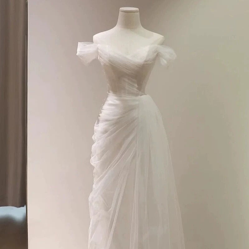 Timeless Mermaid Off The Shoulder Tulle White Wedding Dresses