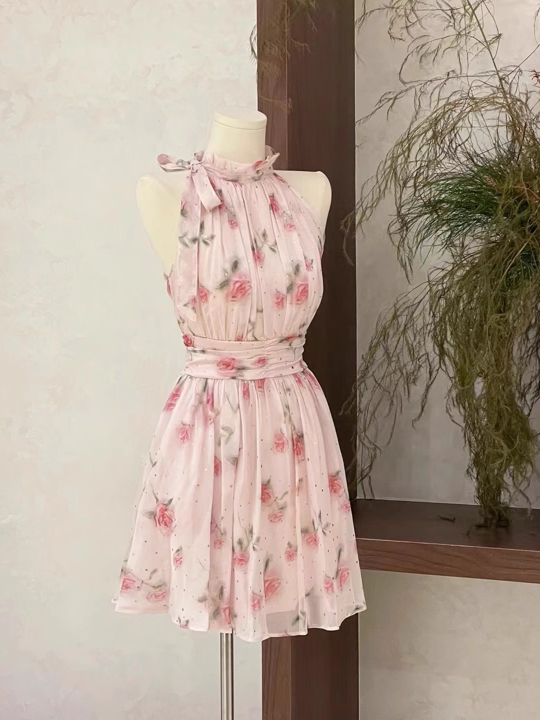 Cute A line Scoop Pink Chiffon Flora Holiday Dresses Short Birthday Dress