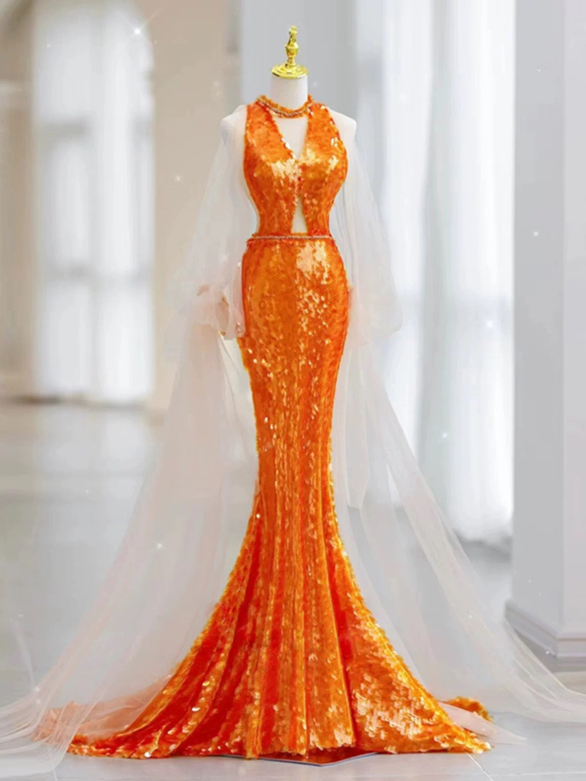 Pretty Mermaid Scoop Orange Sequin Long Prom Dress Evening Dress Formal Dress