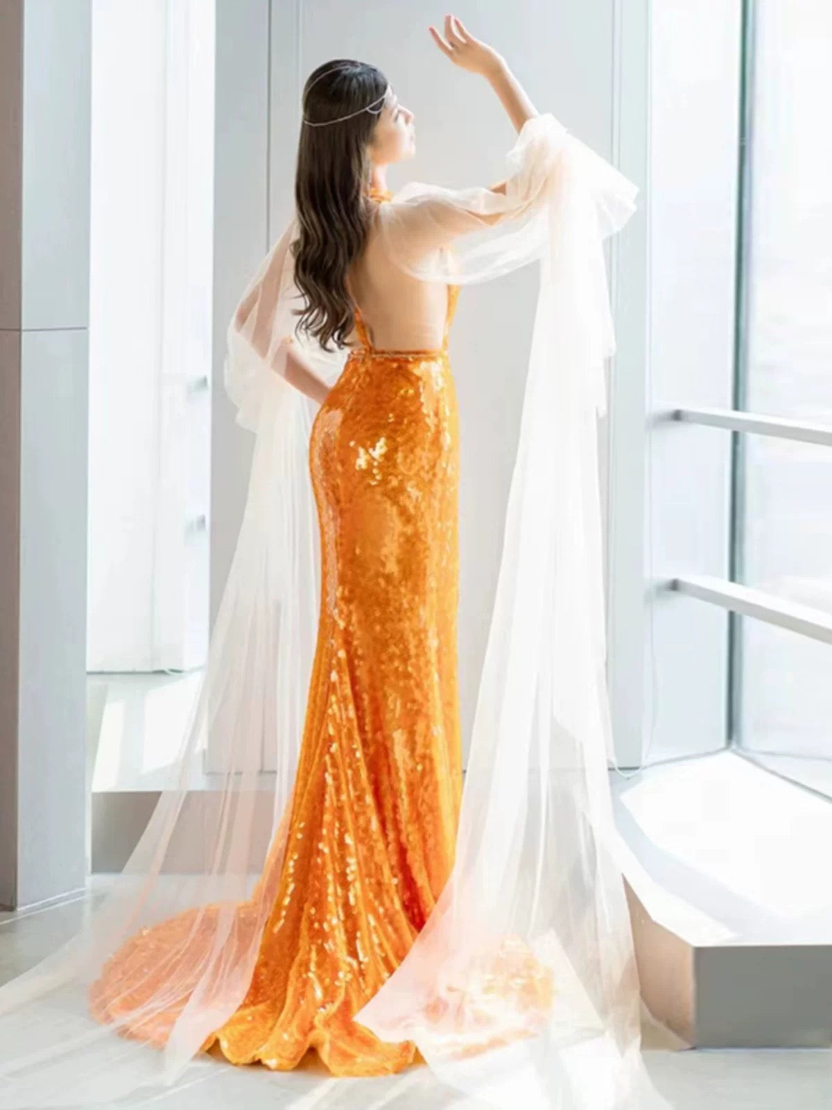 Pretty Mermaid Scoop Orange Sequin Long Prom Dress Evening Dress Formal Dress