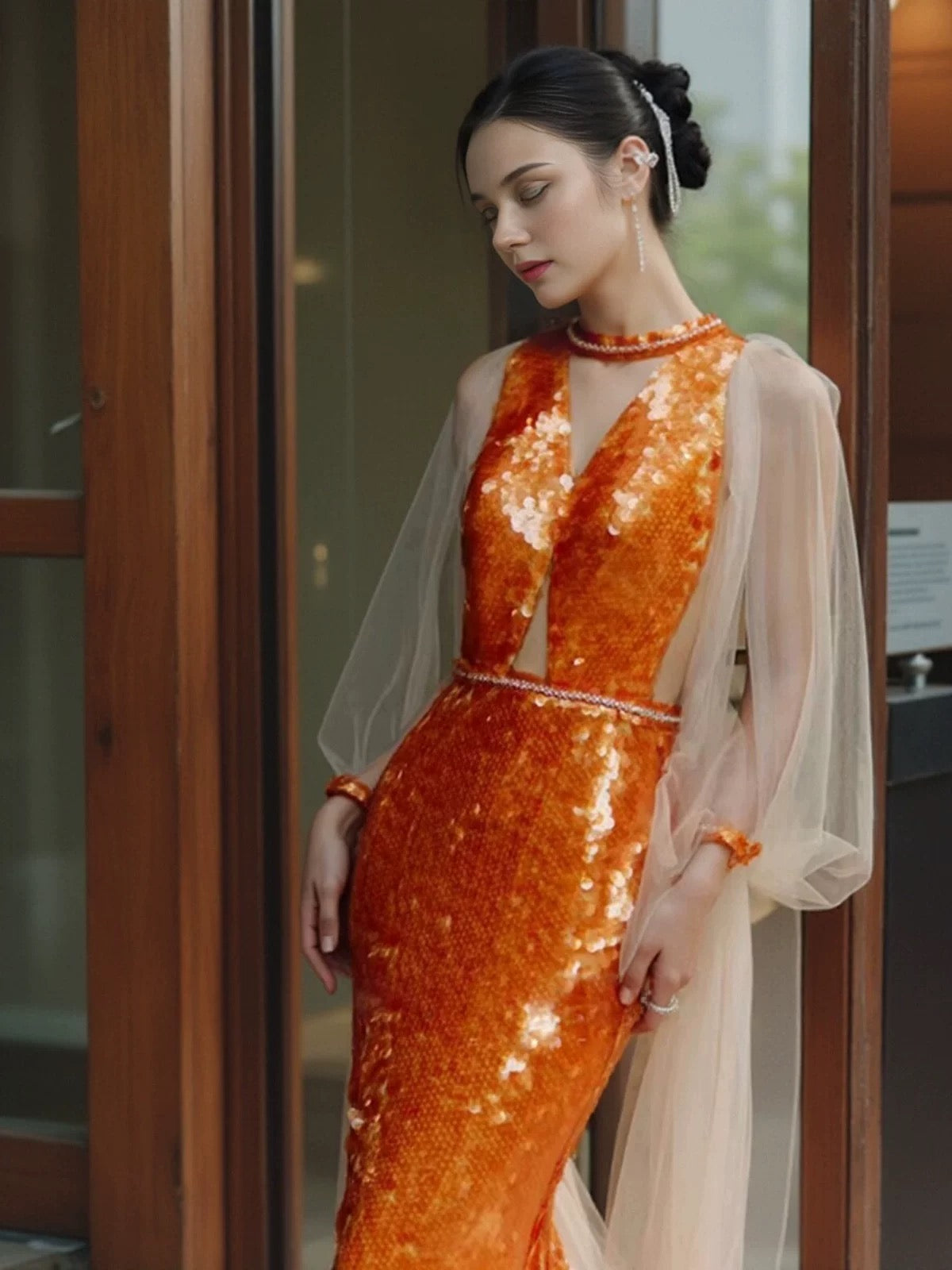 Pretty Mermaid Scoop Orange Sequin Long Prom Dress Evening Dress Formal Dress