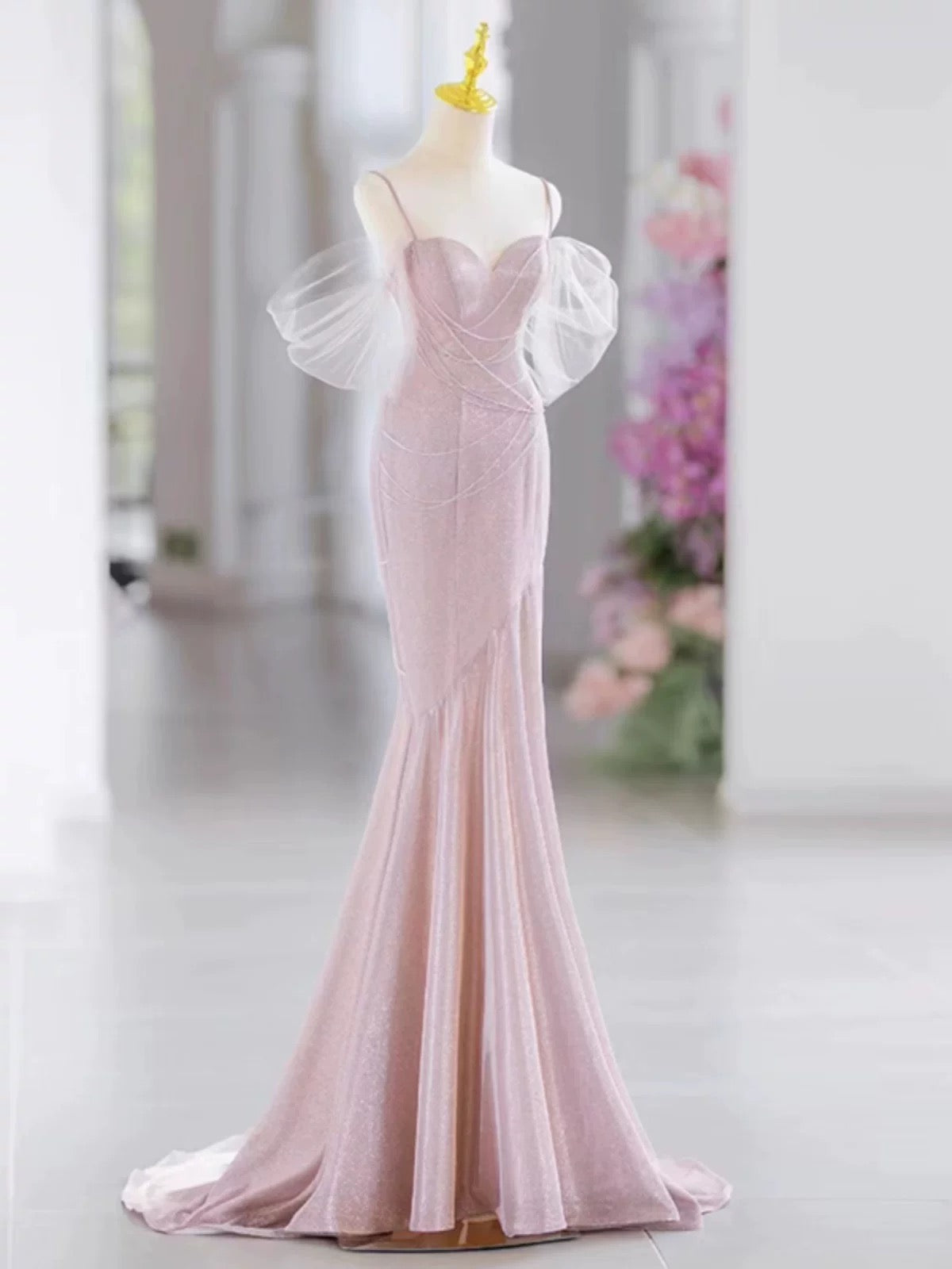 Pretty Mermaid Spaghetti Straps Pink Long Prom Dress Evening Dress Formal Dress
