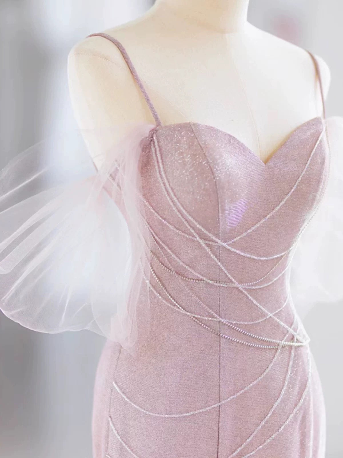 Pretty Mermaid Spaghetti Straps Pink Long Prom Dress Evening Dress Formal Dress