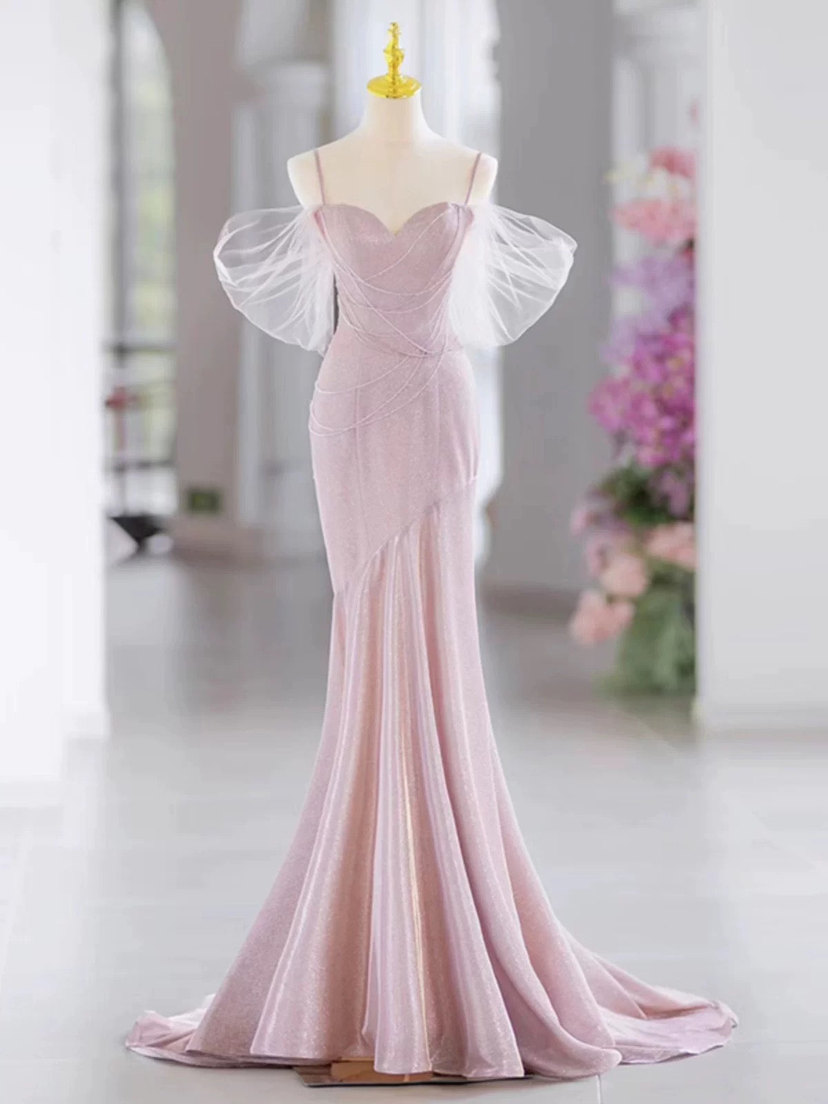 Pretty Mermaid Spaghetti Straps Pink Long Prom Dress Evening Dress Formal Dress