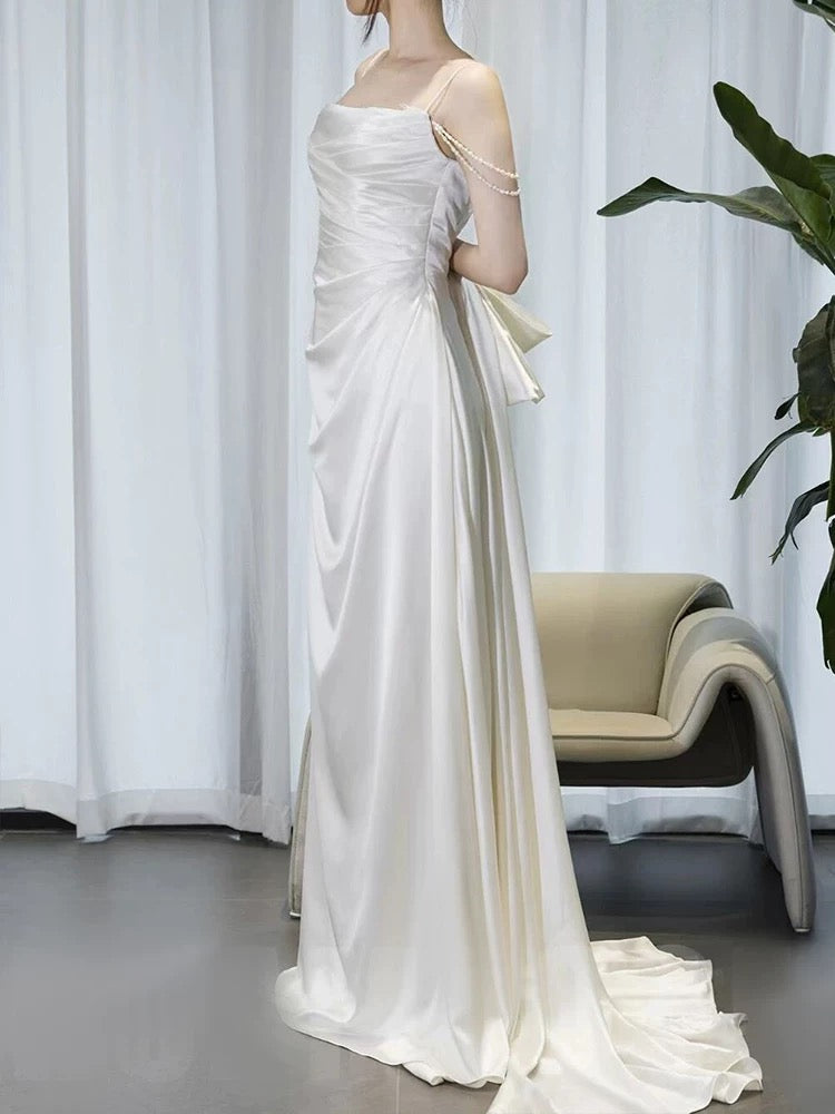 Timeless A line Spaghetti Straps White Satin Long Wedding Dresses