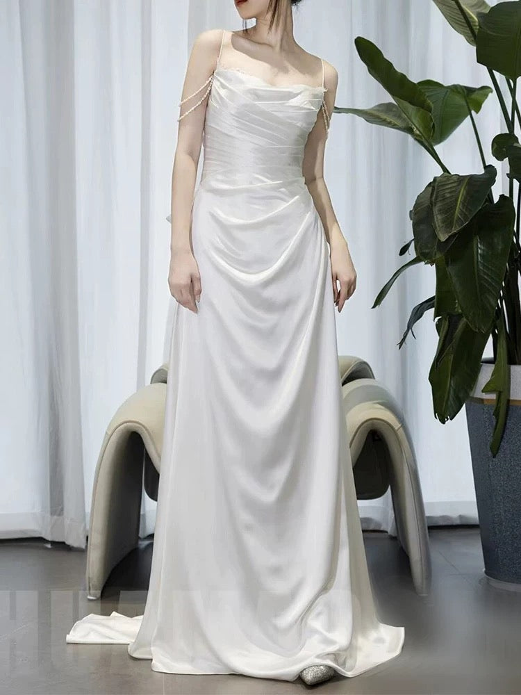 Timeless A line Spaghetti Straps White Satin Long Wedding Dresses