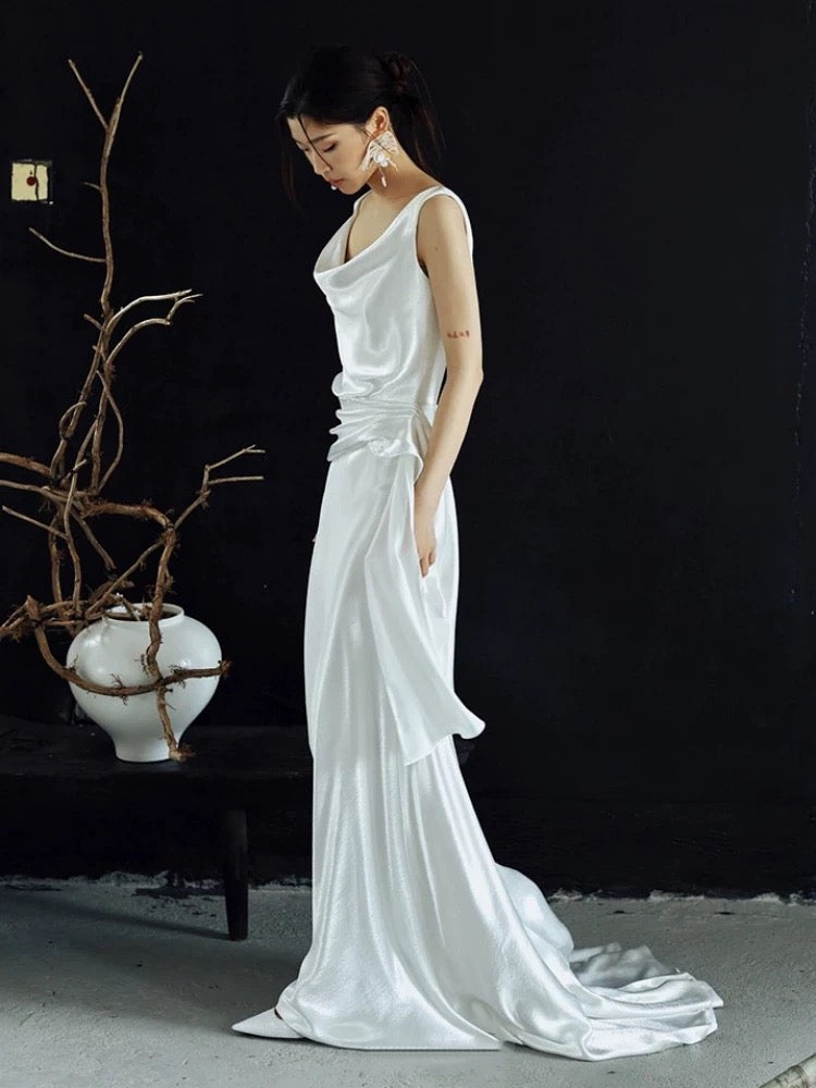 Timeless A line Straps White Satin Long Wedding Dresses Bridal Dress