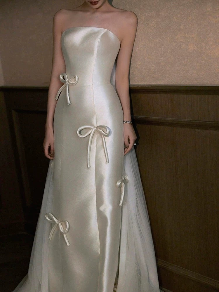 Timeless Mermaid Strapless White Satin Long Wedding Dresses Bridal Dress
