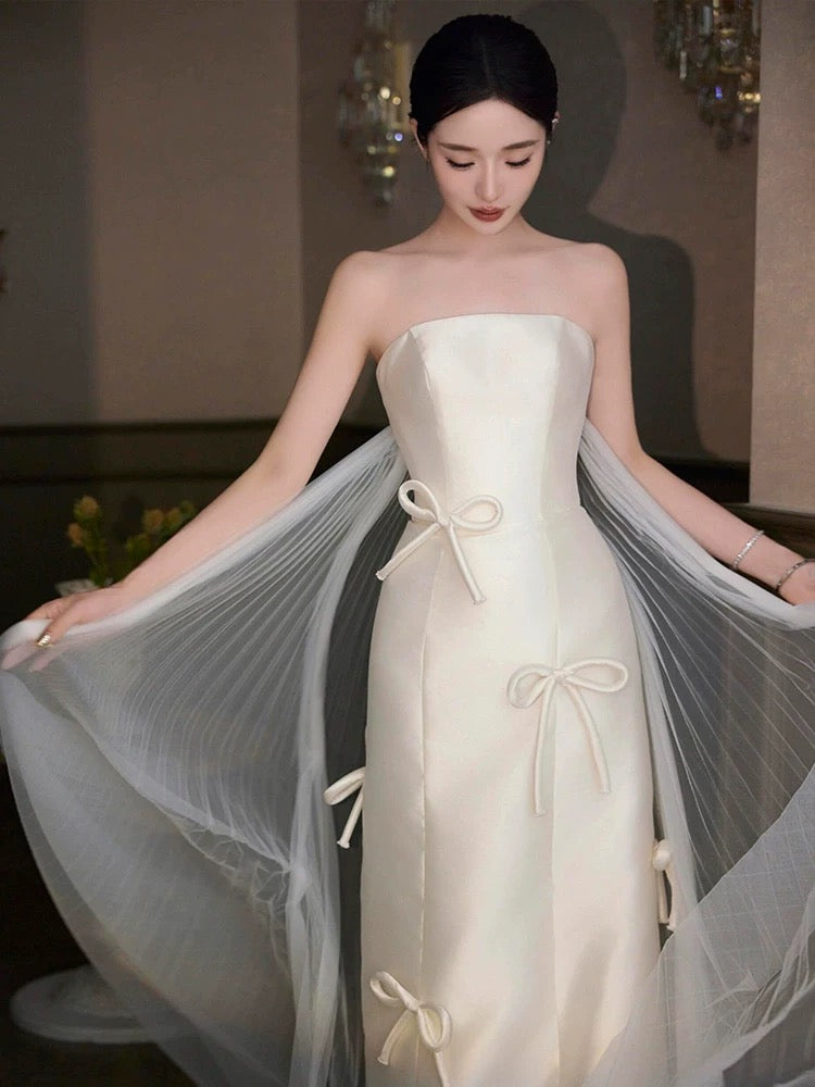 Timeless Mermaid Strapless White Satin Long Wedding Dresses Bridal Dress