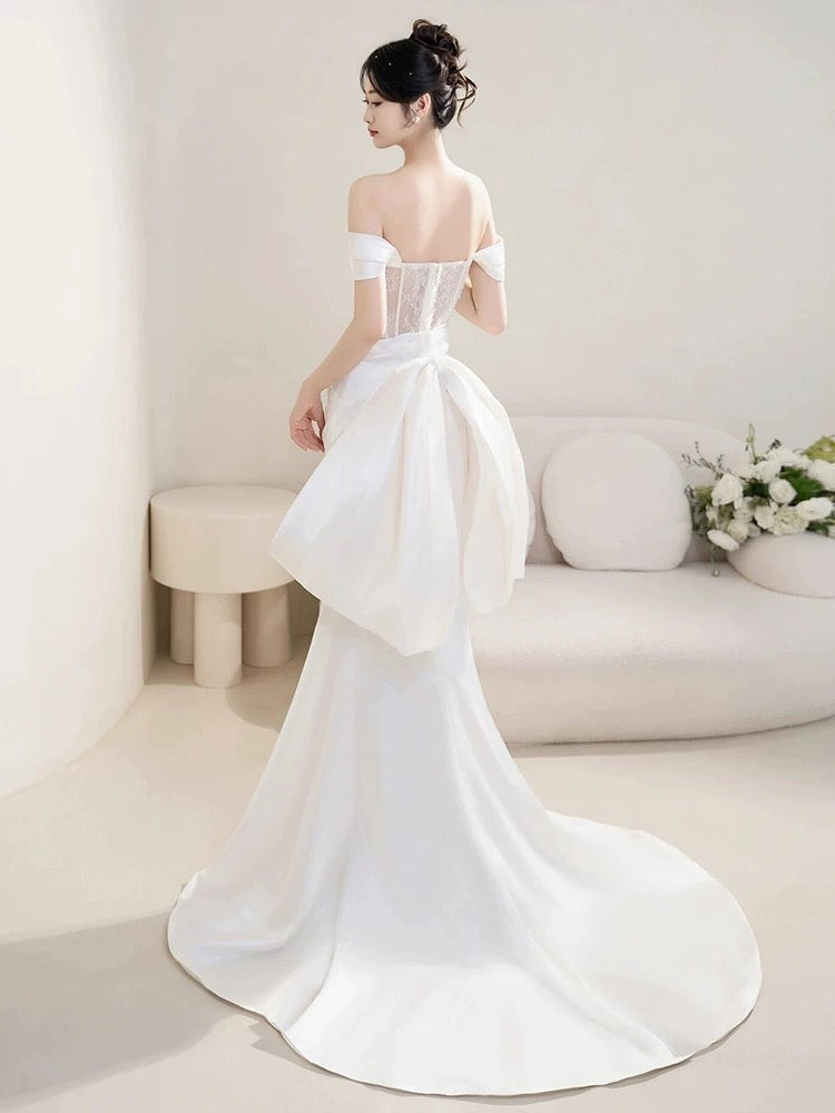 Timeless Mermaid Off The Shoulder White Satin Long Wedding Dresses Bridal Dress