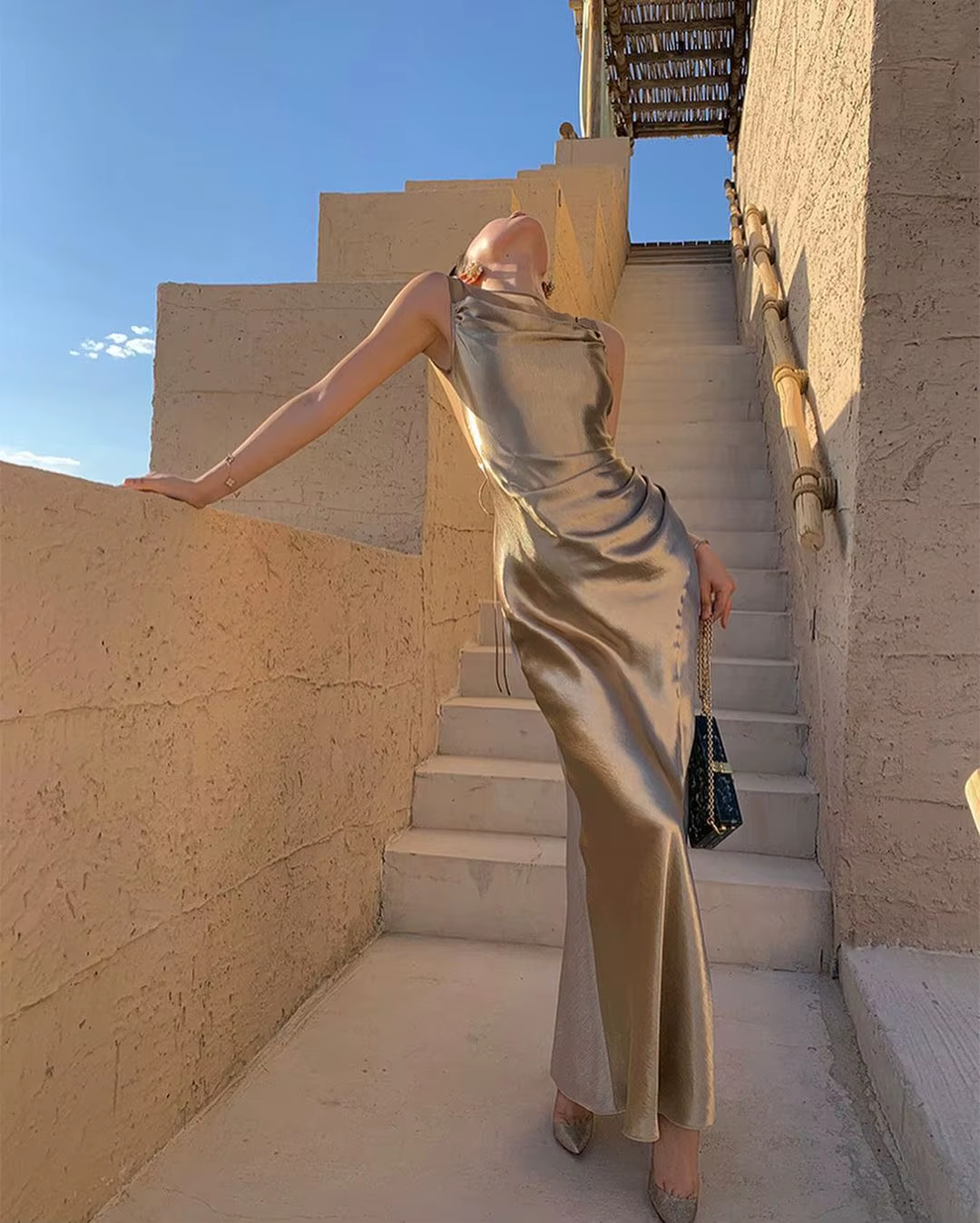 Fancy Mermaid Straps Neckline Champagne Satin Long Prom Dress Evening Dress Formal Dress