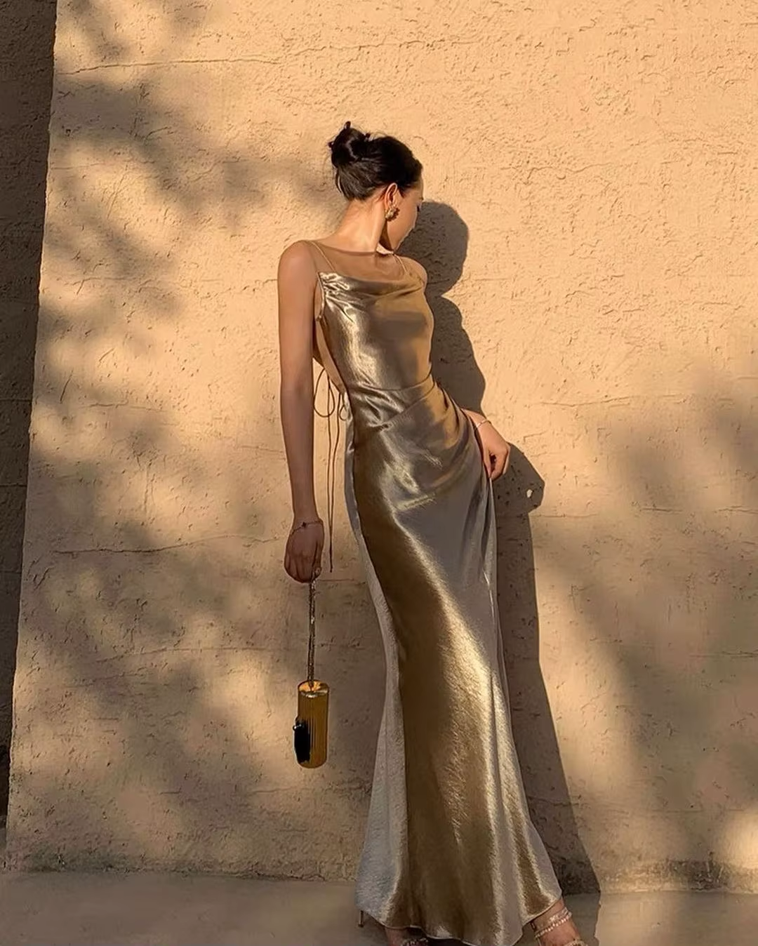 Fancy Mermaid Straps Neckline Champagne Satin Long Prom Dress Evening Dress Formal Dress