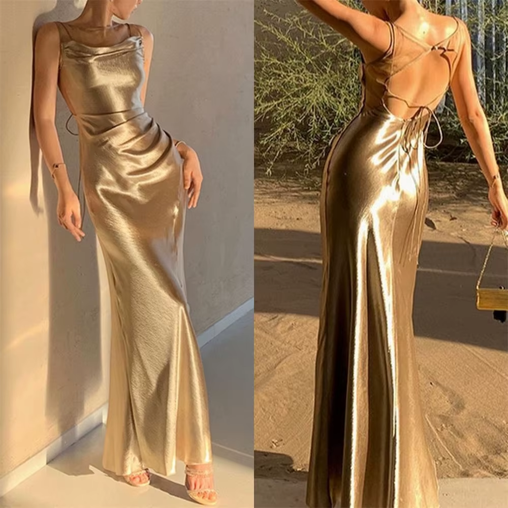 Fancy Mermaid Straps Neckline Champagne Satin Long Prom Dress Evening Dress Formal Dress