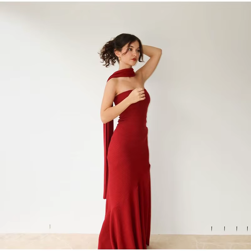 Pretty Mermaid Spaghetti Straps Floor Length Red Prom Dress Evening Dress Formal Dress With Ribbon
