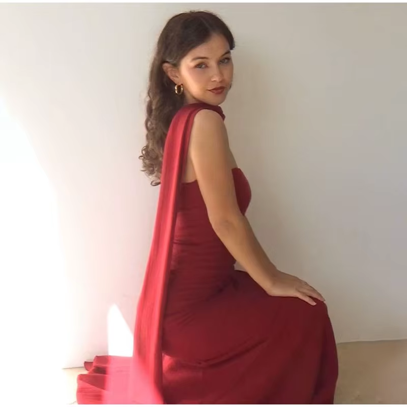 Pretty Mermaid Spaghetti Straps Floor Length Red Prom Dress Evening Dress Formal Dress With Ribbon