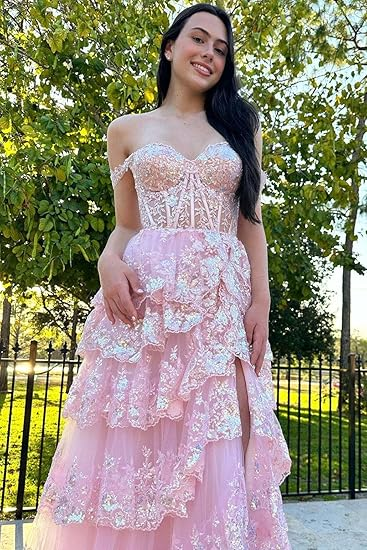 Pretty A-Line Straps Blush Pink Lace Long Prom Dresses Formal Evening Dress