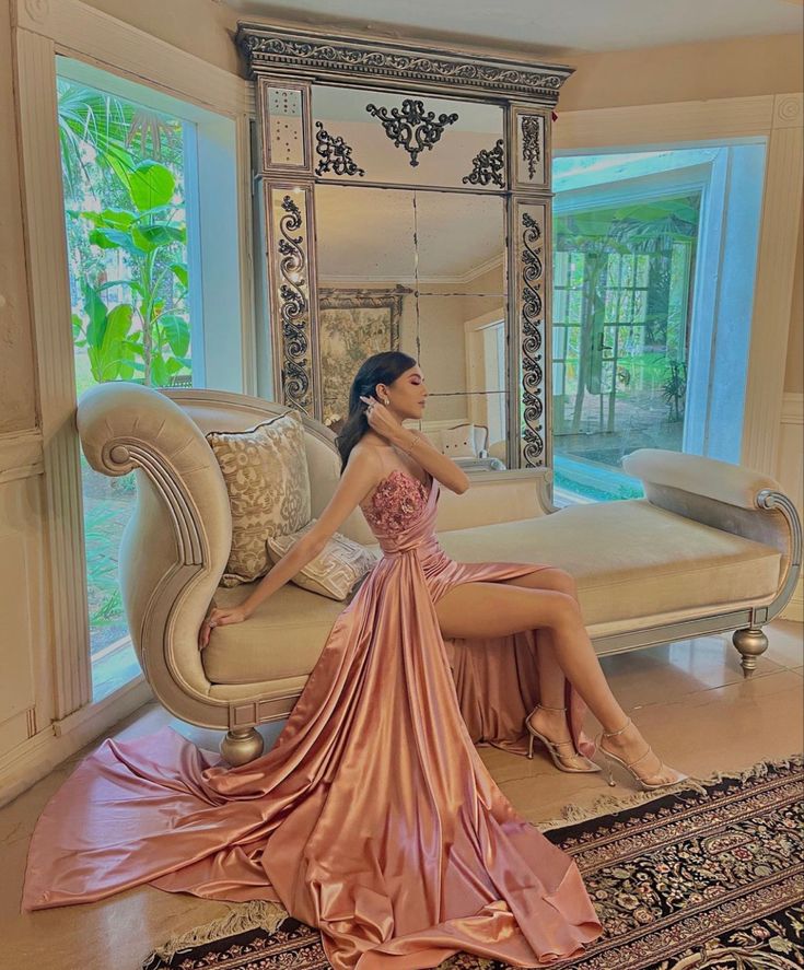 Gorgeous A line Strapless Pink Satin Long Prom Dresses Formal Evening Dress