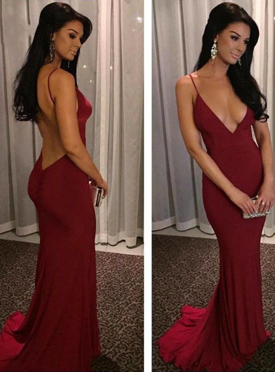 Sexy Mermaid Spaghetti Straps Satin Burgundy Prom Dresses Long Party Dress