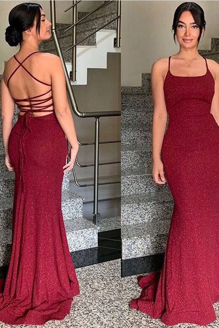 Sexy Mermaid Spaghetti Straps Sequin Burgundy Prom Dresses Long Party Dress