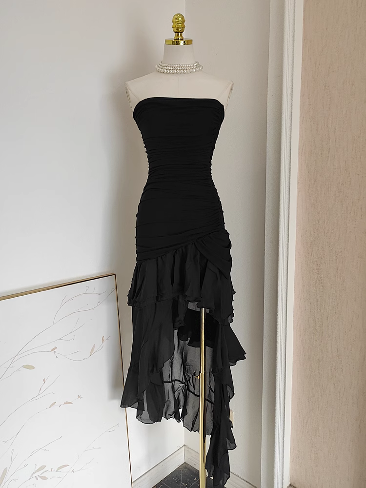 Sexy Sheath Strapless Black High Low Women's Holiday Dresses Birthday Outfits