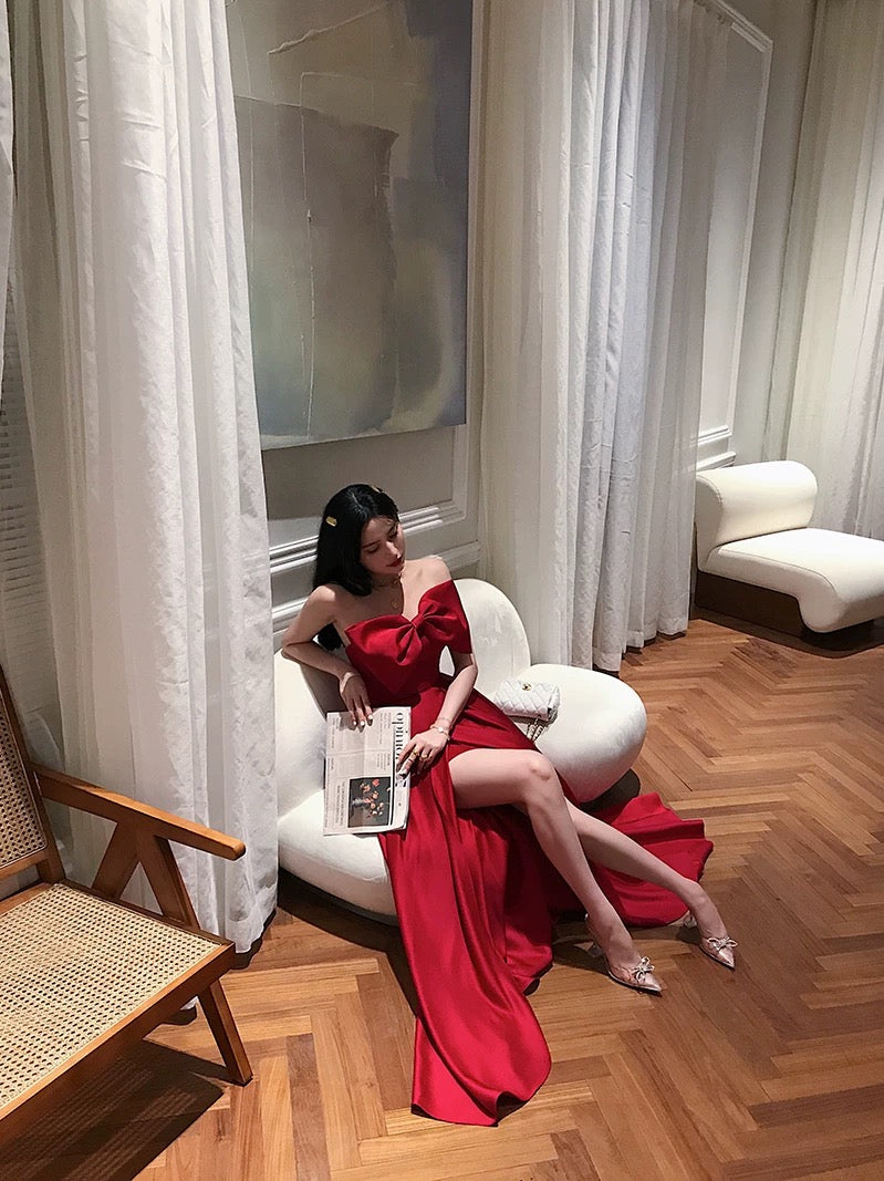 Sexy A Line Strapless Wine Red Slit Prom Dresses Long Party Dress