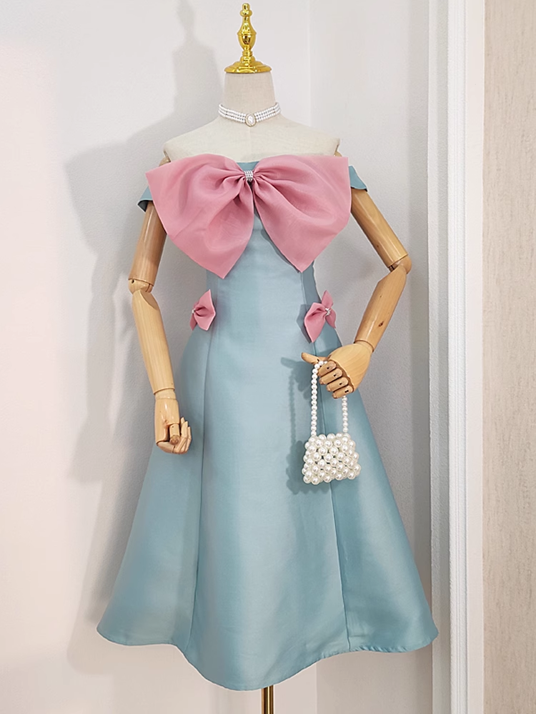 Sexy A line Strapless Blue Satin Women's Holiday Dresses Birthday Outfits