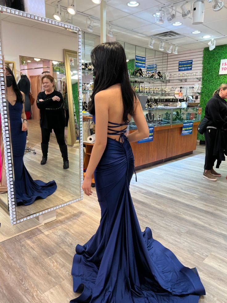 Sexy Mermaid Navy Blue Satin Long Backless Prom Dresses Long Party Dress