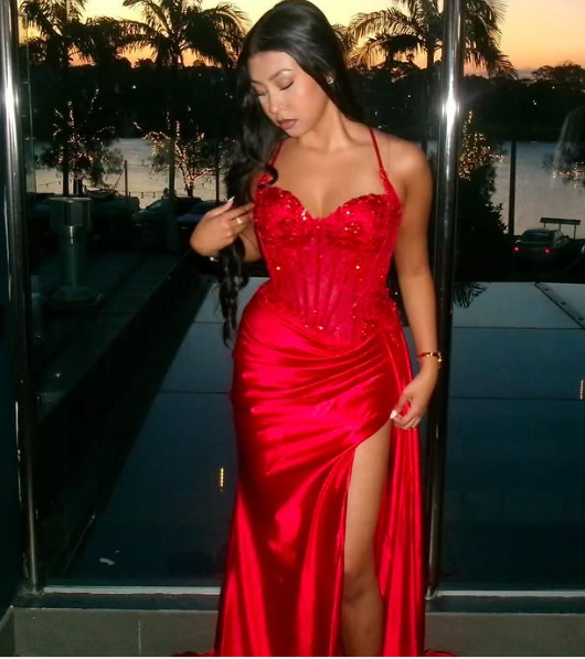 Pretty Mermaid Spaghetti Straps Slit Red Satin Prom Dresses Long Party Dress