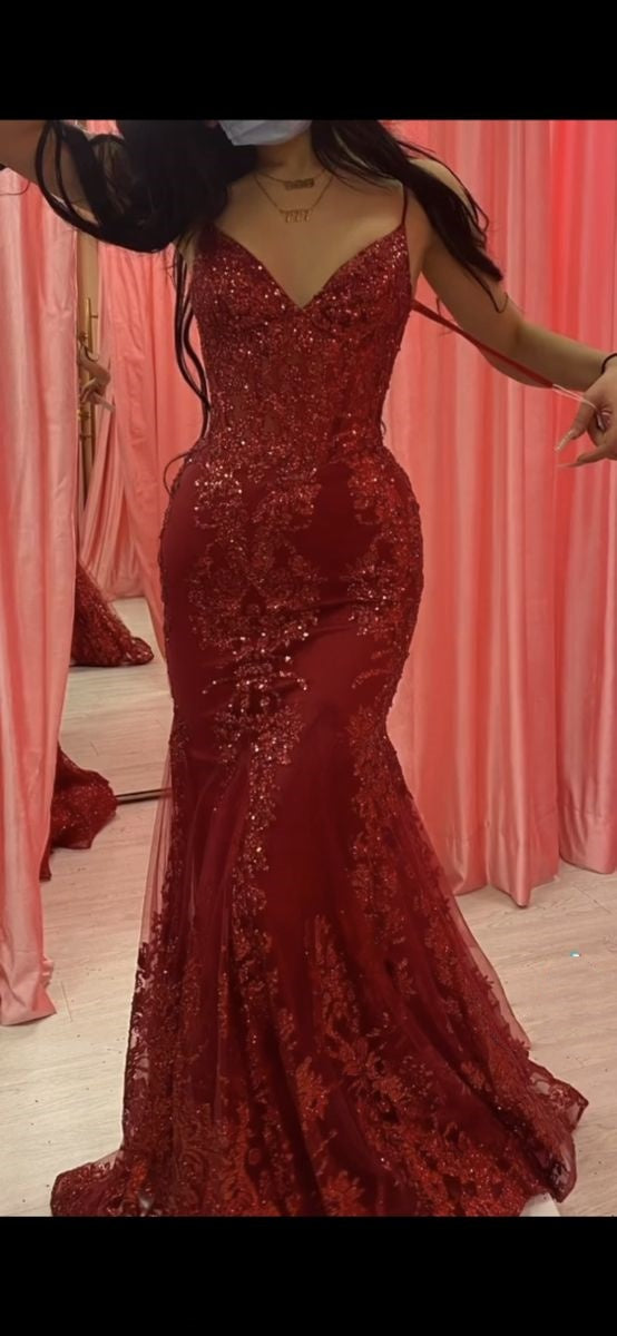 Pretty Mermaid Spaghetti Straps Burgundy Lace Prom Dresses Long Party Dress