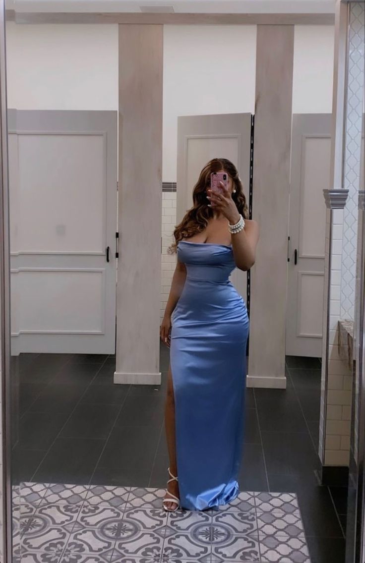 Pretty Mermaid Straps Blue Satin Prom Dresses Long Party Dress