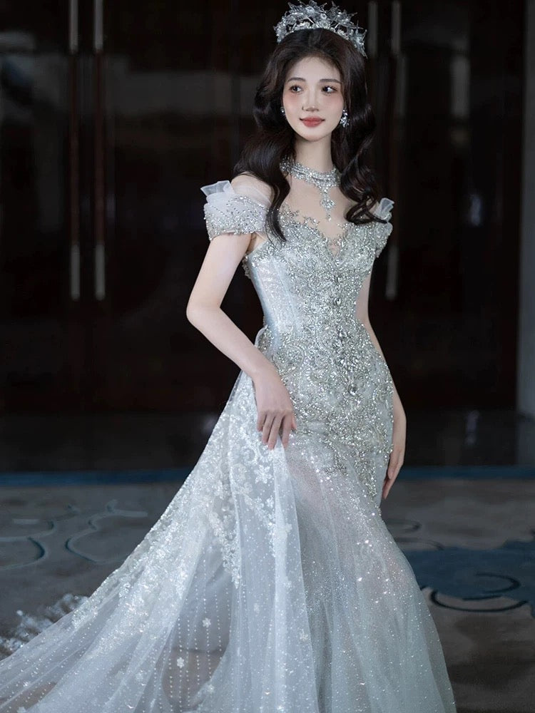 Pretty Mermaid Off The Shoulder Tulle Silver Beads Long Prom Dresses Formal Evening Dress