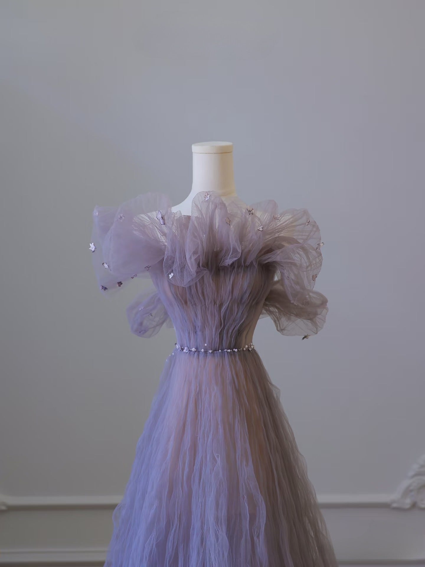 Pretty A line Off The Shoulder Light Grape Tulle Long Prom Dresses Evening Gowns