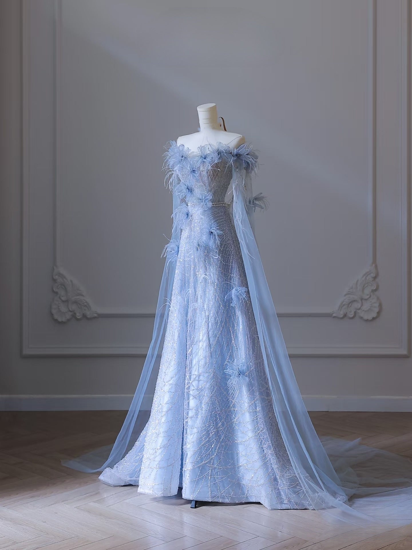 Pretty A Line Off The Shoulder Floor-length Blue Sequin Short Sleeves Evening Dress Prom Dresses